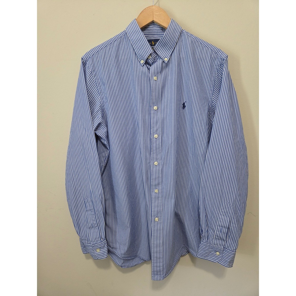 Ralph Lauren Mens Large Blue White Striped Cotton Stretch Button Down Shirt